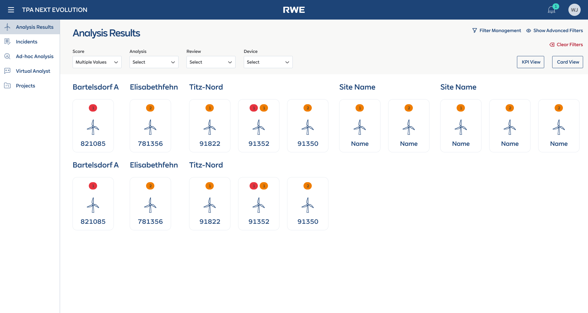 TPA Next Evolution — Analysis Results dashboard with turbine card view grouped by site, severity indicators, and filtering controls